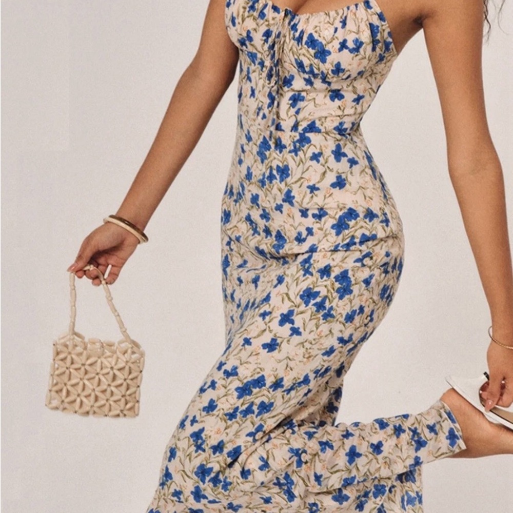 Commense Floral Blue and Cream White Women's maxi Dress